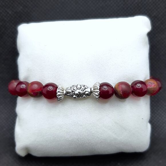 Red Jasper Beaded Bracelet Artisan Made 8mm Gemstone Stretch Tibetan Silver New - Picture 3 of 12